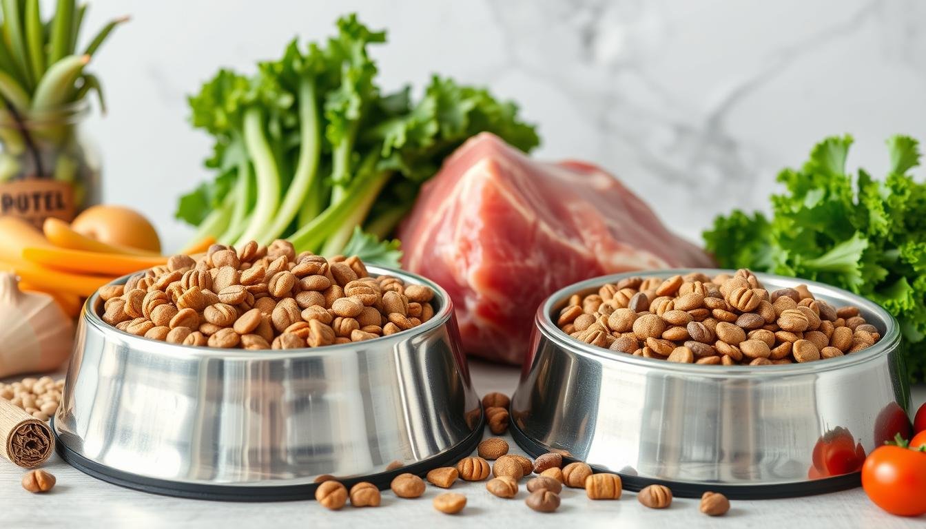 Various healthy pet food ingredients arranged around pet bowls for dogs and cats