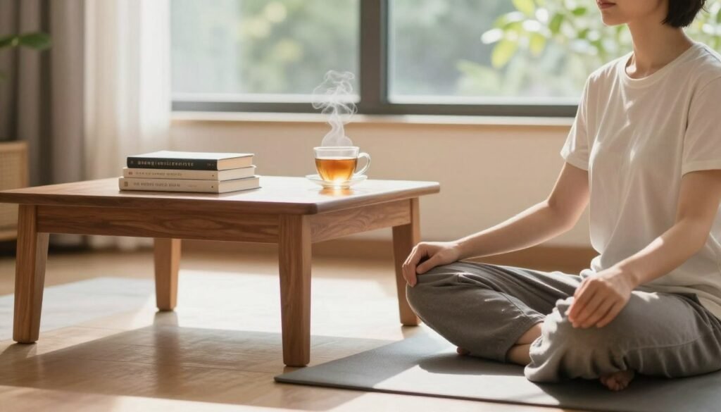 A serene room bathed in soft, natural light, designed for a dopamine detox session. In the foreground, a person in modest casual clothing sits cross-legged on a plush yoga mat, eyes closed, appearing calm and relaxed, practicing mindfulness. In the middle ground, a simple wooden table holds a small stack of books on mental well-being and a steaming cup of herbal tea, symbolizing focus. The background features a tranquil window with greenery outside, suggesting a connection to nature. The overall atmosphere is peaceful and rejuvenating, evoking a sense of balance and clarity, with soft shadows enhancing the warmth of the scene, inviting the viewer to consider the benefits of a break from digital distractions.
