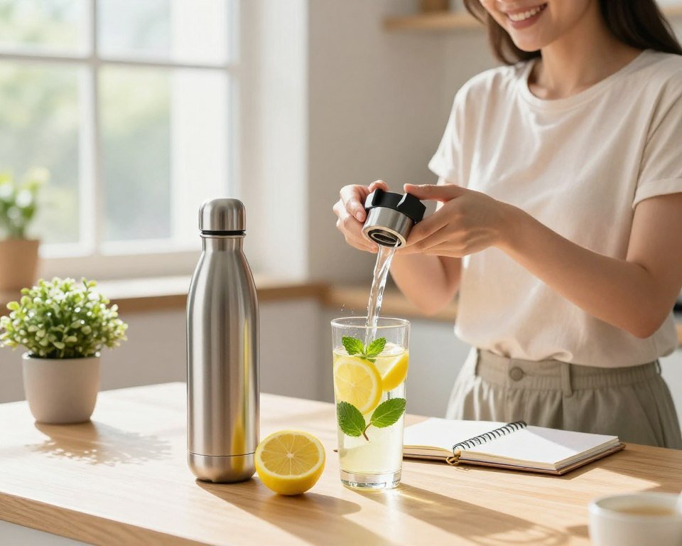 A bright and inviting kitchen scene capturing a woman's hydrating morning routine. In the foreground, a stainless steel water bottle sits beside a freshly sliced lemon and a vibrant glass of infused water filled with lemon slices and mint leaves. In the middle, a light wooden table is adorned with a small potted plant and a stylish planner. The background features a sunny window with soft, natural light streaming in, illuminating the scene and casting gentle shadows. The atmosphere is refreshing and energizing, evoking a sense of vitality and intention. The woman, dressed in modest casual clothing, stands with a smile, preparing her hydration for the day ahead. Use a warm color palette and ensure a focused, slightly angled view to highlight the setup. A bright and inviting kitchen scene capturing a woman's hydrating morning routine. In the foreground, a stainless steel water bottle sits beside a freshly sliced lemon and a vibrant glass of infused water filled with lemon slices and mint leaves. In the middle, a light wooden table is adorned with a small potted plant and a stylish planner. The background features a sunny window with soft, natural light streaming in, illuminating the scene and casting gentle shadows. The atmosphere is refreshing and energizing, evoking a sense of vitality and intention. The woman, dressed in modest casual clothing, stands with a smile, preparing her hydration for the day ahead. Use a warm color palette and ensure a focused, slightly angled view to highlight the setup.