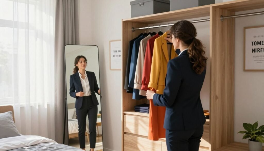 A bright, modern bedroom featuring a well-organized wardrobe open to reveal neatly arranged outfits in vibrant colors. In the foreground, a confident individual, dressed in professional business attire, is thoughtfully selecting an outfit from the wardrobe, radiating a sense of purpose and self-assuredness. The middle ground presents a full-length mirror reflecting the individual's focused expression, as soft morning light filters in through sheer curtains, creating an uplifting atmosphere. The background showcases a cozy, minimalist decor with motivational quotes on the walls and a neatly made bed, enhancing the theme of successful morning preparation. The lighting is warm and inviting, casting gentle shadows that emphasize the harmonious and encouraging environment.
