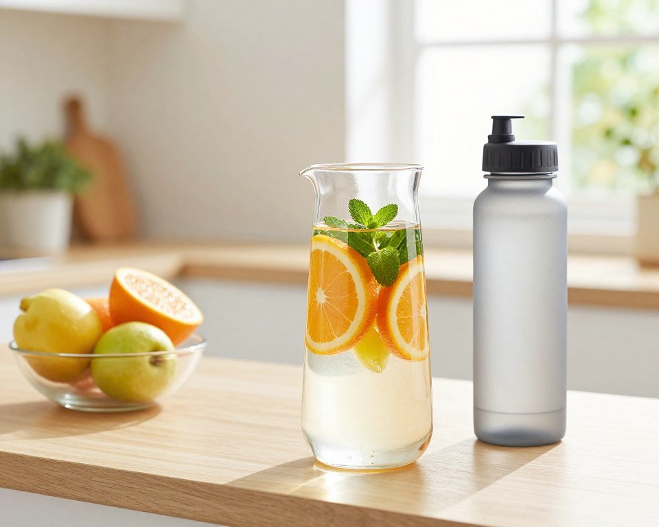 A bright, well-lit kitchen scene showcasing an efficient morning hydration method. In the foreground, a stylish, modern glass pitcher filled with infused water featuring vibrant slices of citrus fruits and fresh mint, catching the morning light. Beside it, a sleek reusable water bottle ready to be filled. In the middle ground, a light-colored wooden countertop with a small bowl of fresh fruits, emphasizing a healthy lifestyle. The background features soft-focus elements like a window with sunlight streaming in, and greenery outside, creating a fresh and inviting atmosphere. The overall mood is energetic and refreshing, with a sense of urgency and simplicity, perfect for busy mornings. Ideal for depicting the science behind quick hydration methods. A bright, well-lit kitchen scene showcasing an efficient morning hydration method. In the foreground, a stylish, modern glass pitcher filled with infused water featuring vibrant slices of citrus fruits and fresh mint, catching the morning light. Beside it, a sleek reusable water bottle ready to be filled. In the middle ground, a light-colored wooden countertop with a small bowl of fresh fruits, emphasizing a healthy lifestyle. The background features soft-focus elements like a window with sunlight streaming in, and greenery outside, creating a fresh and inviting atmosphere. The overall mood is energetic and refreshing, with a sense of urgency and simplicity, perfect for busy mornings. Ideal for depicting the science behind quick hydration methods.