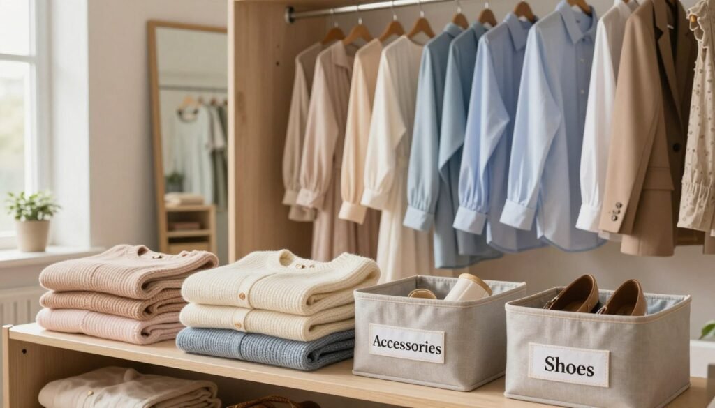 A cozy, well-organized wardrobe interior showcasing essential tools and accessories for seamless outfit prep. In the foreground, neatly folded sweaters in pastel colors are arranged on a soft fabric shelf, alongside chic storage bins labeled "Accessories" and "Shoes." The middle layer features a stylish hanging rod with coordinating clothing items—dresses, blazers, and crisp shirts—displayed in an aesthetically pleasing gradient. In the background, a large mirror reflects the organized space, illuminated by warm, natural light coming from a nearby window, creating a serene atmosphere. The overall mood is calm and inviting, suitable for those looking to enhance their morning routine.
