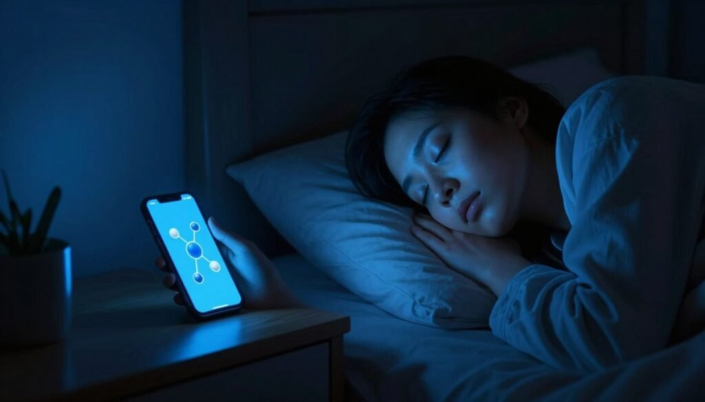 A dimly lit bedroom scene emphasizing the contrast between natural darkness and the harsh blue light emanating from a smartphone on a bedside table. In the foreground, a close-up of a sleeping person in modest pajamas, their face slightly illuminated by the blue glow, reflecting a sense of disruption in their sleep cycle. In the middle ground, the smartphone displays a bright blue screen, casting an eerie light, with hints of melatonin molecules subtly integrated into the light, representing the disruption in melatonin production. The background features darkened walls and furniture, enhancing the mood of a modern life interrupted by technology. The lighting should create a stark dichotomy between the warmth of natural sleep and the cool, harsh blue that signifies the blue light crisis. The atmosphere is somber yet thought-provoking, urging viewers to contemplate the effects of modern technology on sleep.