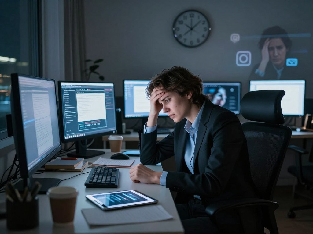 A dimly lit room filled with the glow of multiple screens, showcasing a person in business attire seated at a cluttered desk, looking overwhelmed and lost in thought. Their reflection in a nearby window shows an expression of anxiety. In the foreground, a smartphone and a tablet lie scattered among empty coffee cups and notepads, symbolizing digital chaos. The middle ground features the person’s office chair, pushed back as if they’ve just stood up in frustration. The background reveals a clock showing late hours, emphasizing the passage of time lost to digital consumption, with faint outlines of social media icons subtly illuminated. The atmosphere is heavy with tension and urgency, evoking the feeling of being trapped in a cycle of digital addiction. Soft, moody lighting adds depth and focus to the subject. A dimly lit room filled with the glow of multiple screens, showcasing a person in business attire seated at a cluttered desk, looking overwhelmed and lost in thought. Their reflection in a nearby window shows an expression of anxiety. In the foreground, a smartphone and a tablet lie scattered among empty coffee cups and notepads, symbolizing digital chaos. The middle ground features the person’s office chair, pushed back as if they’ve just stood up in frustration. The background reveals a clock showing late hours, emphasizing the passage of time lost to digital consumption, with faint outlines of social media icons subtly illuminated. The atmosphere is heavy with tension and urgency, evoking the feeling of being trapped in a cycle of digital addiction. Soft, moody lighting adds depth and focus to the subject.