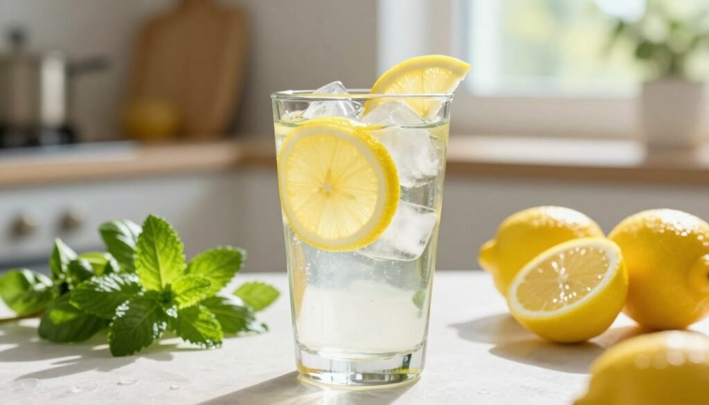 A refreshing glass of lemon water sits prominently in the foreground, filled with ice cubes and bright yellow lemon slices floating on top. Sunlight streams in from the left, casting gentle reflections on the glass, enhancing the sparkling quality of the water. In the middle ground, a serene kitchen setting features fresh herbs, such as mint and basil, alongside whole lemons, creating a vibrant natural palette. The background showcases soft-focus elements like a window with sunlight filtering through, illuminating the space and adding a warm, invigorating atmosphere. The overall mood conveys freshness and vitality, ideal for a morning boost. Use a soft focus lens effect to create a dreamy quality, emphasizing the bright colors and cheerful ambiance.