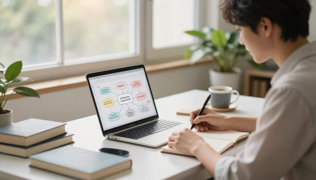A serene and focused workspace, featuring a well-organized desk with a laptop open to a mind-mapping application. In the foreground, a young professional in smart casual attire, concentrating as they write notes on a notepad, surrounded by books on memory improvement. The middle ground shows a plant and a coffee cup, symbolizing relaxation and focus. In the background, a large window with soft, natural light filtering in, illuminating the scene with a warm glow. The atmosphere conveys a sense of calm determination, ideal for inspiring memory recall. The image captures the essence of studying effectively, with an inviting and encouraging environment, shot from a slightly elevated angle to enhance depth.