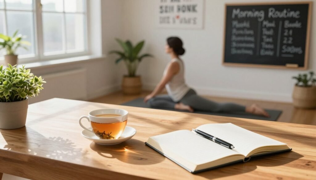 A serene and organized home office on a bright morning, with sunlight streaming through a large window, casting warm, inviting shadows on a polished wooden desk. In the foreground, a neatly arranged cup of herbal tea, a journal with a pen resting on top, and a fresh plant adding a touch of greenery. In the middle ground, a person in modest casual clothing practices yoga or meditation on a yoga mat, embodying calm focus. In the background, a wall with inspiring quotes and a chalkboard illustrating a vibrant morning routine schedule. The color palette is soft and uplifting, evoking a sense of positivity and motivation. The scene is captured from a slightly elevated angle, creating depth and highlighting the harmony of a productive start to the day. A serene and organized home office on a bright morning, with sunlight streaming through a large window, casting warm, inviting shadows on a polished wooden desk. In the foreground, a neatly arranged cup of herbal tea, a journal with a pen resting on top, and a fresh plant adding a touch of greenery. In the middle ground, a person in modest casual clothing practices yoga or meditation on a yoga mat, embodying calm focus. In the background, a wall with inspiring quotes and a chalkboard illustrating a vibrant morning routine schedule. The color palette is soft and uplifting, evoking a sense of positivity and motivation. The scene is captured from a slightly elevated angle, creating depth and highlighting the harmony of a productive start to the day.
