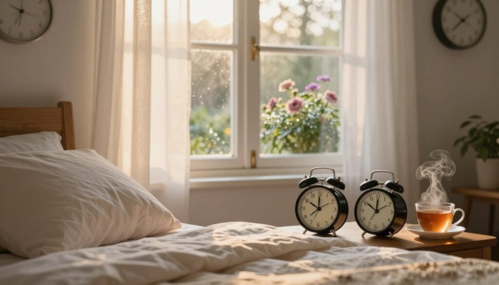A serene bedroom at dawn, softly illuminated by golden sunlight filtering through sheer curtains, creating a warm and inviting atmosphere. In the foreground, a neatly made bed with fluffy pillows, an elegant alarm clock displaying 6:30 AM, and a steaming cup of herbal tea on a bedside table. In the middle, a window revealing a tranquil garden with dew-kissed flowers glistening in the morning light. The background showcases a wall clock showing a harmonious blend of soft colors. The overall mood is calm and peaceful, suggesting the ideal start to a productive day. Capture the image from a slight angle, emphasizing the cozy environment and the sense of rejuvenation that comes with the optimal wake-up time. A serene bedroom at dawn, softly illuminated by golden sunlight filtering through sheer curtains, creating a warm and inviting atmosphere. In the foreground, a neatly made bed with fluffy pillows, an elegant alarm clock displaying 6:30 AM, and a steaming cup of herbal tea on a bedside table. In the middle, a window revealing a tranquil garden with dew-kissed flowers glistening in the morning light. The background showcases a wall clock showing a harmonious blend of soft colors. The overall mood is calm and peaceful, suggesting the ideal start to a productive day. Capture the image from a slight angle, emphasizing the cozy environment and the sense of rejuvenation that comes with the optimal wake-up time.