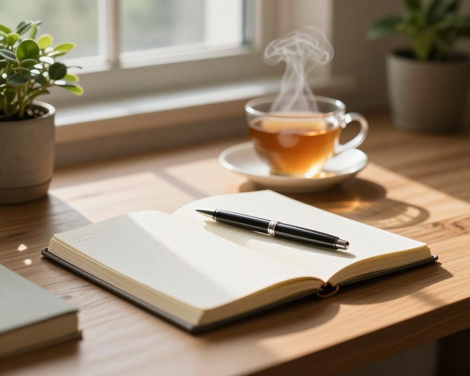 A serene, cozy workspace for morning journaling, with a neatly organized desk featuring a stylish journal and an elegant pen in the foreground. Emphasize warm, soft lighting filtering through a window, casting gentle shadows, creating a peaceful atmosphere. In the middle, include a steaming cup of herbal tea beside the journal, hinting at a mindful start. In the background, softly blurred potted plants add a touch of nature, enhancing a tranquil environment. Capture the mood of focus and clarity, representing the concept of spending just one minute for mental wellness. The scene should evoke calmness and encouragement, appealing to busy minds seeking mindfulness. A serene, cozy workspace for morning journaling, with a neatly organized desk featuring a stylish journal and an elegant pen in the foreground. Emphasize warm, soft lighting filtering through a window, casting gentle shadows, creating a peaceful atmosphere. In the middle, include a steaming cup of herbal tea beside the journal, hinting at a mindful start. In the background, softly blurred potted plants add a touch of nature, enhancing a tranquil environment. Capture the mood of focus and clarity, representing the concept of spending just one minute for mental wellness. The scene should evoke calmness and encouragement, appealing to busy minds seeking mindfulness.