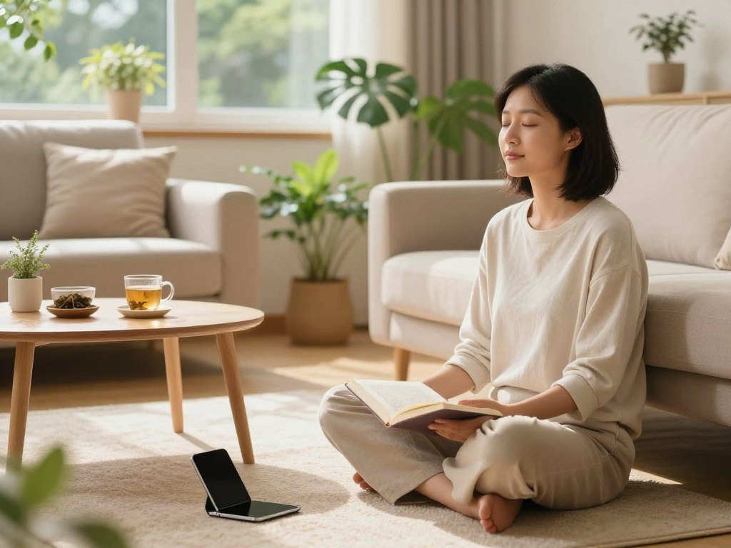 A serene indoor scene illustrating the importance of unplugging and prioritizing mental health. In the foreground, a person in modest casual clothing sits cross-legged on a cozy rug, eyes closed, with a calm expression, holding a book. Their electronic devices are turned off and placed neatly beside them. The middle ground features a soft, warm-toned living room with plants, a small coffee table with herbal tea, and gentle natural light streaming through a window. In the background, a peaceful view of a garden is visible, symbolizing tranquility. The atmosphere is inviting and soothing, emphasizing a moment of mindful disconnect. The scene is bright yet soft, evoking a sense of relaxation and clarity. A serene indoor scene illustrating the importance of unplugging and prioritizing mental health. In the foreground, a person in modest casual clothing sits cross-legged on a cozy rug, eyes closed, with a calm expression, holding a book. Their electronic devices are turned off and placed neatly beside them. The middle ground features a soft, warm-toned living room with plants, a small coffee table with herbal tea, and gentle natural light streaming through a window. In the background, a peaceful view of a garden is visible, symbolizing tranquility. The atmosphere is inviting and soothing, emphasizing a moment of mindful disconnect. The scene is bright yet soft, evoking a sense of relaxation and clarity.