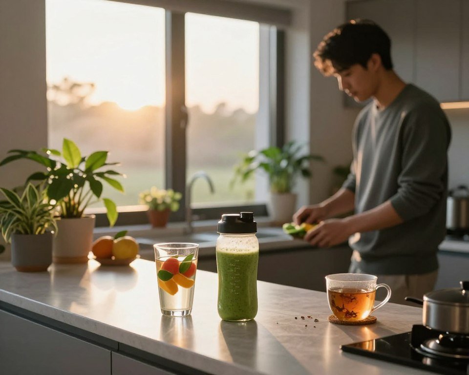 A serene kitchen scene at sunrise, featuring a busy professional in smart casual attire preparing for the day. In the foreground, a sleek countertop displays a variety of hydration shortcuts: a glass of infused water with fresh fruits, a smoothie in a portable bottle, and herbal tea in a cozy mug. The middle of the image showcases vibrant green plants on a windowsill, with sunlight streaming through, illuminating the fresh ingredients. In the background, a large window reveals a gentle dawn landscape, enhancing the calm morning atmosphere. Soft, warm lighting creates a welcoming and energizing mood, while the angle captures the bustling yet peaceful essence of a productive morning routine. A serene kitchen scene at sunrise, featuring a busy professional in smart casual attire preparing for the day. In the foreground, a sleek countertop displays a variety of hydration shortcuts: a glass of infused water with fresh fruits, a smoothie in a portable bottle, and herbal tea in a cozy mug. The middle of the image showcases vibrant green plants on a windowsill, with sunlight streaming through, illuminating the fresh ingredients. In the background, a large window reveals a gentle dawn landscape, enhancing the calm morning atmosphere. Soft, warm lighting creates a welcoming and energizing mood, while the angle captures the bustling yet peaceful essence of a productive morning routine.