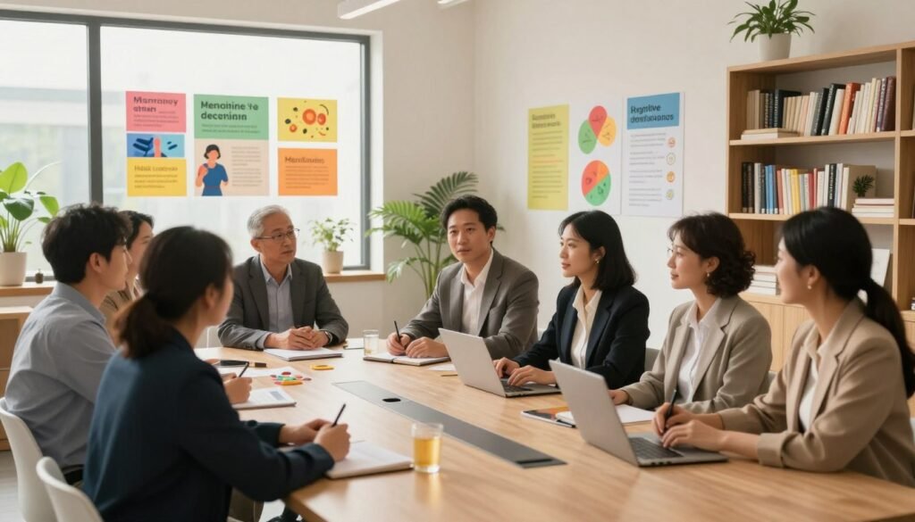 A serene, modern workspace illustrating cognitive decline prevention. In the foreground, a diverse group of adults, dressed in professional business attire, engage in a vibrant brainstorming session around a sleek conference table. In the middle, colorful charts displaying memory-boosting activities and healthy habits are mounted on the walls, while a large window lets in warm, natural light. The background features indoor plants and a bookshelf filled with cognitive health literature, creating a welcoming atmosphere. The image is bathed in soft, diffused lighting, enhancing focus and warmth, evoking a sense of collaboration and mindfulness. The angle is slightly above eye level, providing an uplifting perspective that conveys hope and proactive approaches to memory enhancement.
