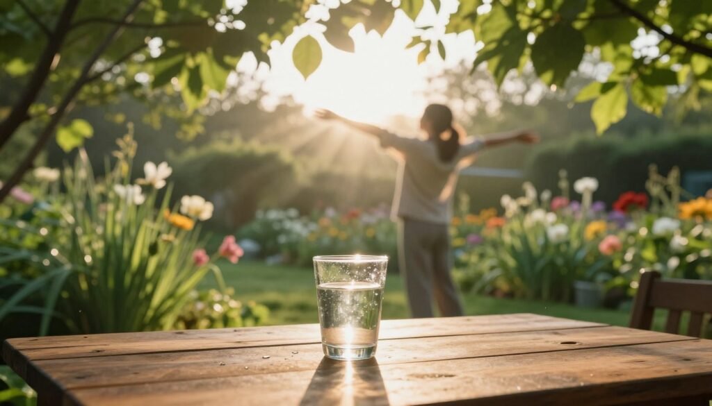 A serene morning scene bathed in soft, golden sunlight filtering through lush green leaves. In the foreground, a small glass of clear water sits on a wooden table, glistening with droplets that catch the light. In the middle ground, a person dressed in modest casual clothing is stretching peacefully, their silhouette framed by the warm sunlight illuminating their surroundings. The background features a vibrant garden with blooming flowers and tall grass, creating a tranquil atmosphere. The sunlight casts gentle shadows, enhancing the feeling of a fresh start to the day. Use natural, bright lighting for a hopeful and uplifting mood, captured from a low angle to emphasize the warmth and beauty of the morning light.