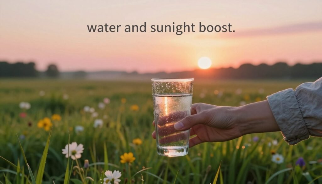A serene morning scene capturing the essence of a “water and sunlight boost.” In the foreground, a clear glass of fresh water is adorned with dew, reflecting the early light. A hand gently reaches for it, showcasing a person in simple, modest clothing, emphasizing a welcoming vibe. In the middle, lush green grass and blooming flowers bask in soft, golden sunlight, highlighting the freshness of a new day. The background features a vibrant sunrise with soft pastel hues of orange and pink, casting a warm glow across the landscape. The atmosphere is calm and invigorating, evoking feelings of rejuvenation and clarity. The composition is shot from a slightly elevated angle, with natural light enhancing the colors and creating a peaceful ambiance.