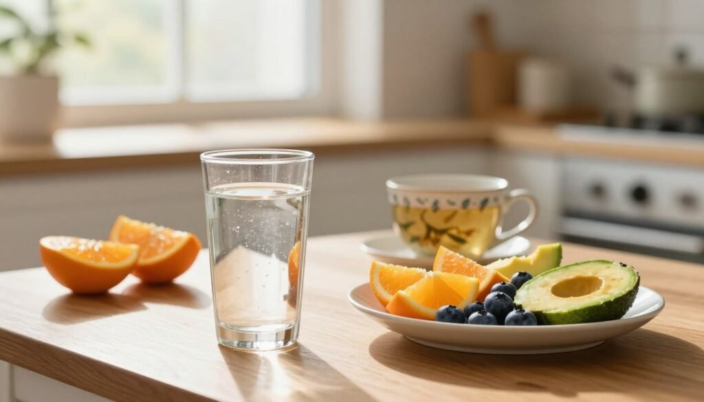 A serene morning scene centered around hydration and nutrition. In the foreground, a clear glass filled with fresh, sparkling water alongside a small plate of vibrant fruits like oranges, blueberries, and slices of avocado, creating a colorful display. In the middle ground, a wooden table with a simple breakfast setup and a stylish ceramic mug of herbal tea. The background features a sunlit kitchen window, through which soft, warm morning light streams in, casting gentle shadows. The overall ambiance is fresh and invigorating, evoking a sense of wellness. Use a soft-focus lens effect to enhance the dreamy atmosphere, capturing the essence of a nourishing start to the day, reflecting a calm and uplifting mood. A serene morning scene centered around hydration and nutrition. In the foreground, a clear glass filled with fresh, sparkling water alongside a small plate of vibrant fruits like oranges, blueberries, and slices of avocado, creating a colorful display. In the middle ground, a wooden table with a simple breakfast setup and a stylish ceramic mug of herbal tea. The background features a sunlit kitchen window, through which soft, warm morning light streams in, casting gentle shadows. The overall ambiance is fresh and invigorating, evoking a sense of wellness. Use a soft-focus lens effect to enhance the dreamy atmosphere, capturing the essence of a nourishing start to the day, reflecting a calm and uplifting mood.