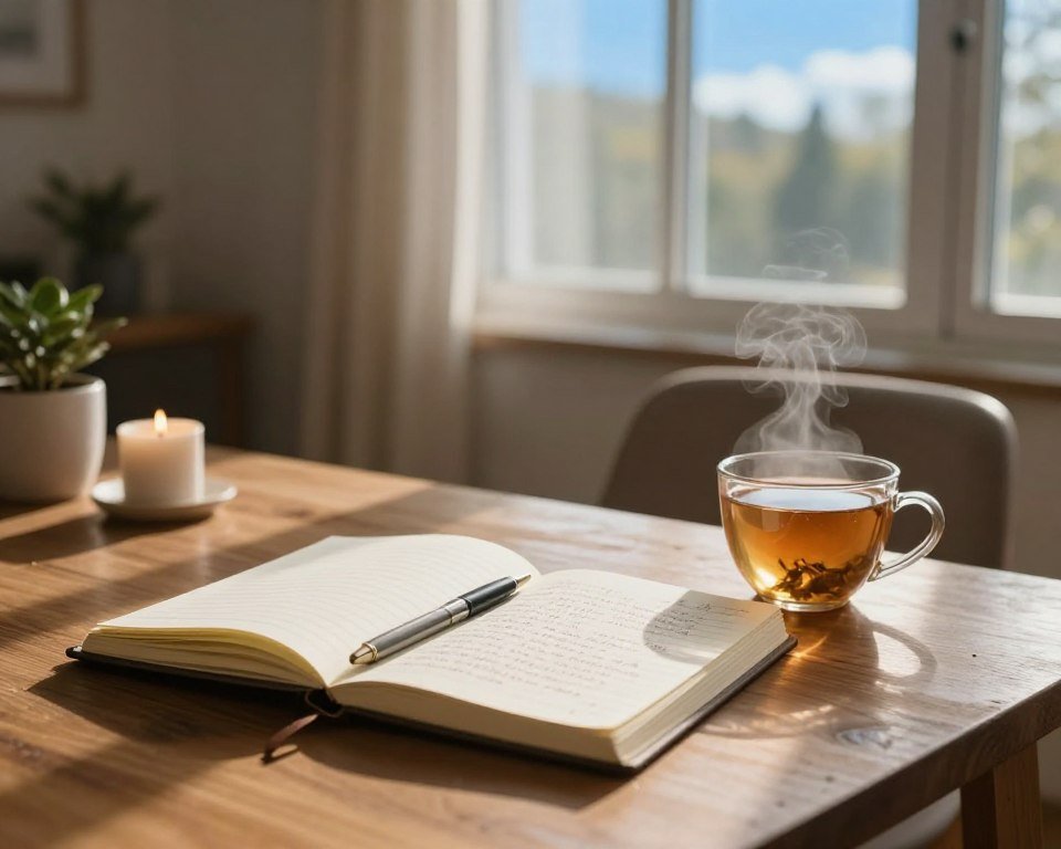 A serene morning scene depicting a cozy journaling routine. In the foreground, a stylish wooden table holds an open notebook with handwritten notes, a steaming cup of herbal tea, and a delicate pen. A soft, warm light spills in from a nearby window, illuminating the pages of the journal and creating gentle shadows. In the middle, a comfortable chair is slightly turned towards the table, inviting the viewer into the scene. On the table, there are minimalistic decorative elements like a small potted plant and a candle, enhancing the atmosphere. In the background, a calming view of nature through the window, such as trees and a clear blue sky, suggests a peaceful start to the day. The mood is tranquil and reflective, promoting mindfulness and focus. A serene morning scene depicting a cozy journaling routine. In the foreground, a stylish wooden table holds an open notebook with handwritten notes, a steaming cup of herbal tea, and a delicate pen. A soft, warm light spills in from a nearby window, illuminating the pages of the journal and creating gentle shadows. In the middle, a comfortable chair is slightly turned towards the table, inviting the viewer into the scene. On the table, there are minimalistic decorative elements like a small potted plant and a candle, enhancing the atmosphere. In the background, a calming view of nature through the window, such as trees and a clear blue sky, suggests a peaceful start to the day. The mood is tranquil and reflective, promoting mindfulness and focus.