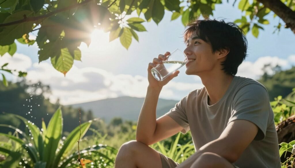 A serene morning scene depicting a health-conscious individual enjoying the benefits of water and sunlight. In the foreground, a person in modest casual clothing smiles while sipping from a clear glass of water, surrounded by vibrant green plants. The middle ground features a bright sunbeam filtering through lush leaves, casting dappled light on the scene, with a hint of shimmering water droplets reflecting sunlight. In the background, a calm outdoor setting with gentle hills and a few clouds in a blue sky enhances the atmosphere of tranquility. The overall mood conveys a sense of rejuvenation and vitality, with soft, natural lighting emphasizing warmth and positivity. The angle captures the individual's uplifting experience, highlighting their connection to nature and the benefits of a morning routine.