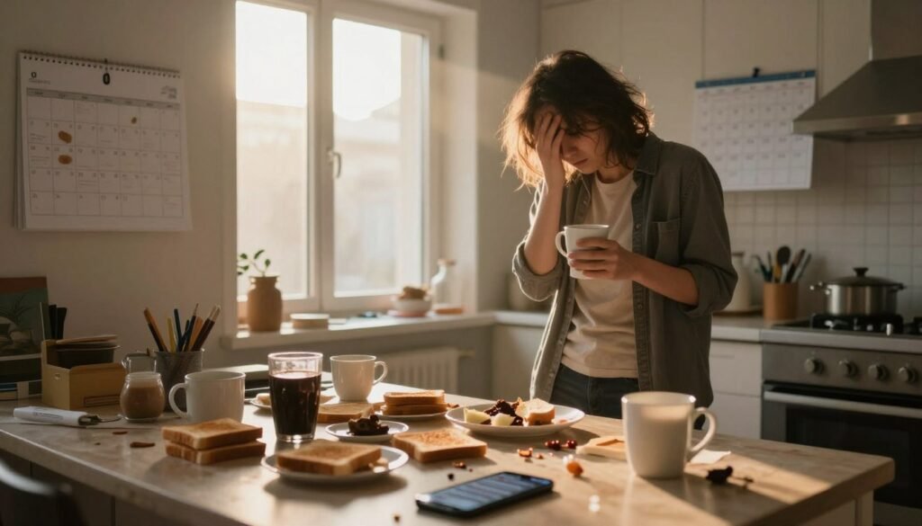 A serene morning scene depicting common morning mistakes that sabotage your day. In the foreground, a cluttered kitchen table overflowing with various breakfast items like half-eaten toast, scattered coffee mugs, and a neglected smartphone displaying notifications. A tired person in modest casual clothing, looking overwhelmed, stands nearby with disheveled hair, holding a coffee cup. The middle ground features an open window allowing soft, golden morning light to flood in, illuminating the scene with a warm glow. In the background, a calendar hangs on the wall showing a busy schedule, highlighting a sense of chaos. The mood is tense yet hopeful, conveying the struggle of a chaotic morning routine needing improvement. Use a wide-angle lens to capture the entire setting, emphasizing both the mess and the warm light. A serene morning scene depicting common morning mistakes that sabotage your day. In the foreground, a cluttered kitchen table overflowing with various breakfast items like half-eaten toast, scattered coffee mugs, and a neglected smartphone displaying notifications. A tired person in modest casual clothing, looking overwhelmed, stands nearby with disheveled hair, holding a coffee cup. The middle ground features an open window allowing soft, golden morning light to flood in, illuminating the scene with a warm glow. In the background, a calendar hangs on the wall showing a busy schedule, highlighting a sense of chaos. The mood is tense yet hopeful, conveying the struggle of a chaotic morning routine needing improvement. Use a wide-angle lens to capture the entire setting, emphasizing both the mess and the warm light.