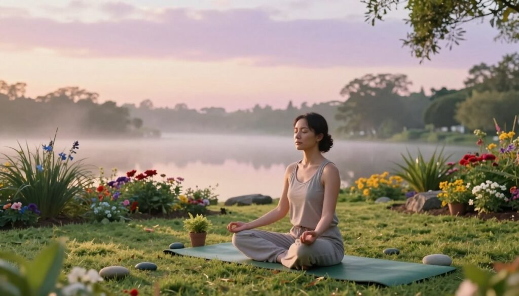 A serene morning scene depicting mindfulness practices in a peaceful outdoor setting. In the foreground, a woman in modest, casual attire sits cross-legged on a soft, green yoga mat, eyes closed in meditation. She is surrounded by gently placed stones and a small potted plant, emphasizing a connection to nature. In the middle ground, a picturesque garden blooms with colorful flowers and lush greenery, while a soft morning light casts a warm glow, creating inviting shadows. In the background, mist rises over a calm lake, reflecting the pastel colors of dawn in the sky. The atmosphere is tranquil and uplifting, evoking a sense of peace and mental clarity, captured with a soft-focus lens and a slight upward angle to accentuate the expansive sky. A serene morning scene depicting mindfulness practices in a peaceful outdoor setting. In the foreground, a woman in modest, casual attire sits cross-legged on a soft, green yoga mat, eyes closed in meditation. She is surrounded by gently placed stones and a small potted plant, emphasizing a connection to nature. In the middle ground, a picturesque garden blooms with colorful flowers and lush greenery, while a soft morning light casts a warm glow, creating inviting shadows. In the background, mist rises over a calm lake, reflecting the pastel colors of dawn in the sky. The atmosphere is tranquil and uplifting, evoking a sense of peace and mental clarity, captured with a soft-focus lens and a slight upward angle to accentuate the expansive sky.
