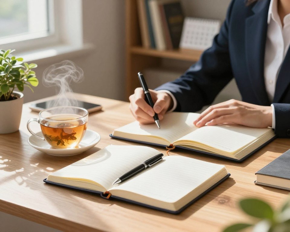 A serene morning scene featuring a cozy desk setup. In the foreground, a neatly arranged journal with an elegant pen, surrounded by a steaming cup of herbal tea. Soft morning light filters through a nearby window, casting gentle shadows, creating a peaceful ambiance. A potted plant adds a touch of greenery, symbolizing growth and mindfulness. In the middle ground, a person dressed in professional business attire is thoughtfully writing in the journal, conveying focus and tranquility. The background includes a softly blurred bookshelf, filled with inspirational books, and a calendar highlighting the beginning of a new week. The overall mood is calm and inspiring, capturing the essence of mindfulness through morning journaling. A serene morning scene featuring a cozy desk setup. In the foreground, a neatly arranged journal with an elegant pen, surrounded by a steaming cup of herbal tea. Soft morning light filters through a nearby window, casting gentle shadows, creating a peaceful ambiance. A potted plant adds a touch of greenery, symbolizing growth and mindfulness. In the middle ground, a person dressed in professional business attire is thoughtfully writing in the journal, conveying focus and tranquility. The background includes a softly blurred bookshelf, filled with inspirational books, and a calendar highlighting the beginning of a new week. The overall mood is calm and inspiring, capturing the essence of mindfulness through morning journaling.