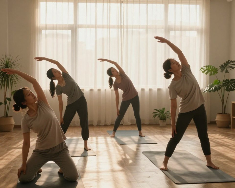 A serene morning scene featuring a diverse group of three individuals in modest, casual workout attire engaged in gentle stretching exercises in a sunlit room. The foreground showcases a person performing a wrist stretch, another doing a side bend, and the third practicing deep breathing with arms raised. In the middle ground, yoga mats are neatly arranged, surrounded by small indoor plants to evoke a calming atmosphere. The background through a large window reveals soft golden light filtering through sheer curtains, enhancing the peaceful ambiance. The overall mood is one of tranquility and rejuvenation, emphasizing the benefits of morning stretching and breath work. The scene is captured with a wide-angle lens, ensuring a warm and inviting perspective.