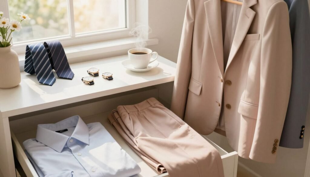 A serene morning scene showcasing an effortless outfit prep routine. In the foreground, a stylish wardrobe open to reveal neatly organized clothing options in soft pastel colors. A hanging blazer, tailored pants, and a classic dress shirt suggest a professional look. The middle ground features a well-lit vanity area with accessories like watches and ties elegantly displayed, alongside a steaming cup of coffee. In the background, sunlit windows cast gentle rays into the room, enhancing a calm and inviting atmosphere. The soft glow creates a peaceful ambiance, encouraging a fresh start to the day. Capture this scene from a slightly elevated angle, with a warm color palette to evoke positivity and motivation, ideal for maintaining long-term outfit prep habits.