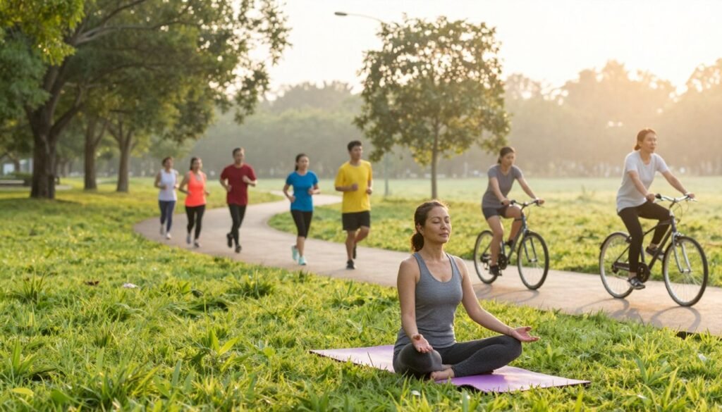 A serene outdoor scene depicting a diverse group of individuals engaged in various forms of physical exercise that stimulate brain activity, such as jogging, doing yoga, and cycling. In the foreground, a middle-aged woman practicing yoga with a calm expression, surrounded by lush greenery and soft morning light. In the middle ground, a small group of people jogging along a winding path, showcasing camaraderie and motivation. In the background, trees cast gentle shadows, and the sun is rising, filling the scene with warm, uplifting light. The atmosphere is vibrant and energetic, conveying the idea of physical exercise as a vital contributor to memory and brain health. Use a wide-angle lens to capture the expansive landscape and a soft focus to enhance the peaceful ambiance.