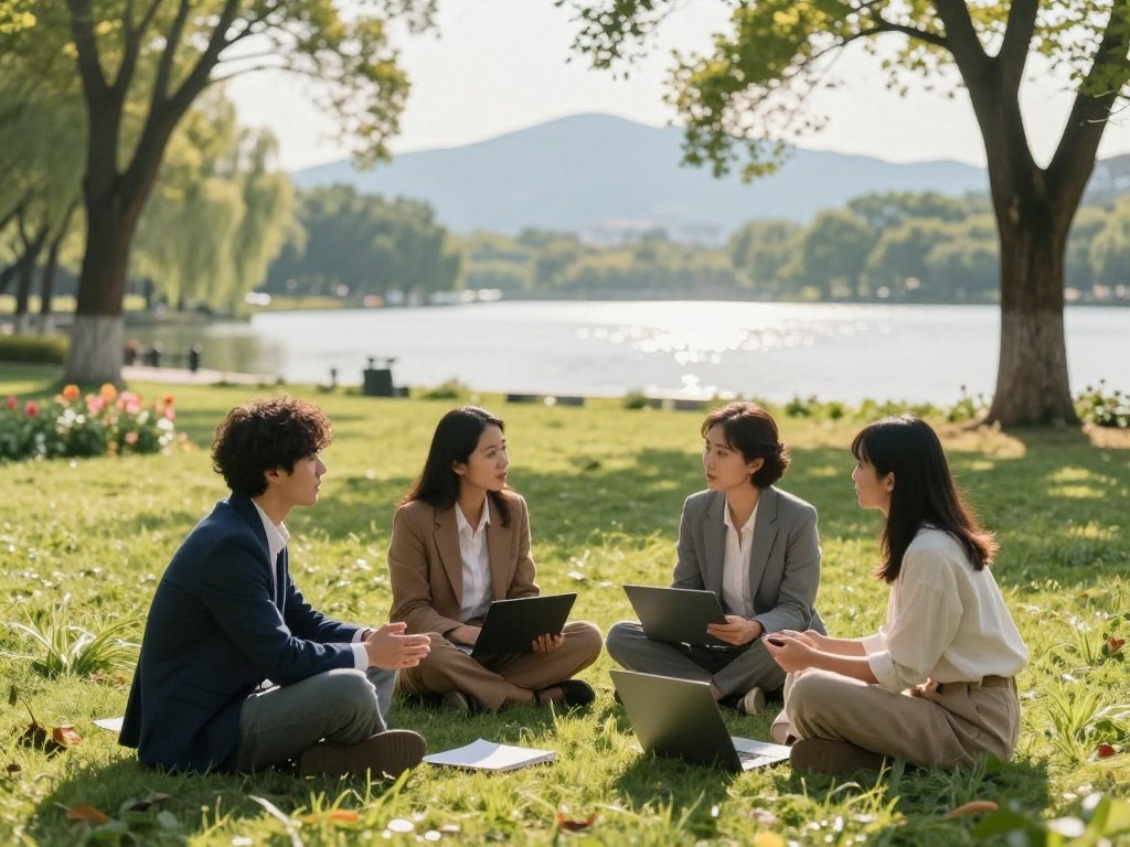 A serene park setting in the foreground featuring a group of four diverse professionals, dressed in smart casual clothing, engaged in a lively discussion without digital devices, symbolizing the benefits of a digital detox. In the middle ground, a sunny, green landscape with trees and flowers, creating a calm and inviting atmosphere. The background showcases a peaceful lake, gently reflecting the sunlight, and distant mountains enhancing the sense of tranquility. Soft, warm lighting casts gentle shadows, giving the entire scene a harmonious feel. The overall mood is uplifting and refreshing, conveying a sense of connection to nature and each other without the distractions of technology. A serene park setting in the foreground featuring a group of four diverse professionals, dressed in smart casual clothing, engaged in a lively discussion without digital devices, symbolizing the benefits of a digital detox. In the middle ground, a sunny, green landscape with trees and flowers, creating a calm and inviting atmosphere. The background showcases a peaceful lake, gently reflecting the sunlight, and distant mountains enhancing the sense of tranquility. Soft, warm lighting casts gentle shadows, giving the entire scene a harmonious feel. The overall mood is uplifting and refreshing, conveying a sense of connection to nature and each other without the distractions of technology.