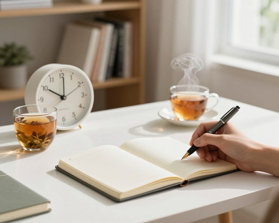 A serene workspace featuring a clean, modern desk with a stylish journal open to a blank page. In the foreground, a hand holding a fountain pen hovers above the journal, suggesting an impending note. Nearby, a steaming cup of herbal tea sits next to a minimalist clock, illustrating the theme of time efficiency. In the middle ground, a soft-focus bookshelf filled with books on mindfulness and productivity creates an inviting atmosphere. The background has a large window letting in soft, natural light, casting gentle shadows across the desk. The overall mood is calm and focused, embodying a mindful start to the day. The image captures the essence of simple, time-saving journaling methods without any distractions or clutter. A serene workspace featuring a clean, modern desk with a stylish journal open to a blank page. In the foreground, a hand holding a fountain pen hovers above the journal, suggesting an impending note. Nearby, a steaming cup of herbal tea sits next to a minimalist clock, illustrating the theme of time efficiency. In the middle ground, a soft-focus bookshelf filled with books on mindfulness and productivity creates an inviting atmosphere. The background has a large window letting in soft, natural light, casting gentle shadows across the desk. The overall mood is calm and focused, embodying a mindful start to the day. The image captures the essence of simple, time-saving journaling methods without any distractions or clutter.