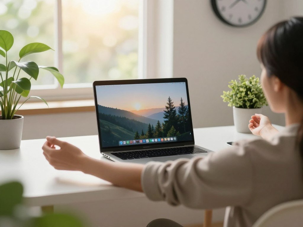 A serene workspace scene depicting a professional individual in modest casual clothing, sitting at a clean desk surrounded by greenery. In the foreground, the person is gently stretching their arms, symbolizing a break from digital screens. In the middle, a laptop is open with a calming screensaver of nature, reflecting a tranquil digital environment. To the background, soft sunlight filters through a window, creating a warm and inviting atmosphere. A minimalistic clock on the wall shows a time for relaxation. The image has a soft focus with warm tones, evoking a sense of peace and mindfulness, emphasizing the importance of recognizing when to unplug from technology. A serene workspace scene depicting a professional individual in modest casual clothing, sitting at a clean desk surrounded by greenery. In the foreground, the person is gently stretching their arms, symbolizing a break from digital screens. In the middle, a laptop is open with a calming screensaver of nature, reflecting a tranquil digital environment. To the background, soft sunlight filters through a window, creating a warm and inviting atmosphere. A minimalistic clock on the wall shows a time for relaxation. The image has a soft focus with warm tones, evoking a sense of peace and mindfulness, emphasizing the importance of recognizing when to unplug from technology.