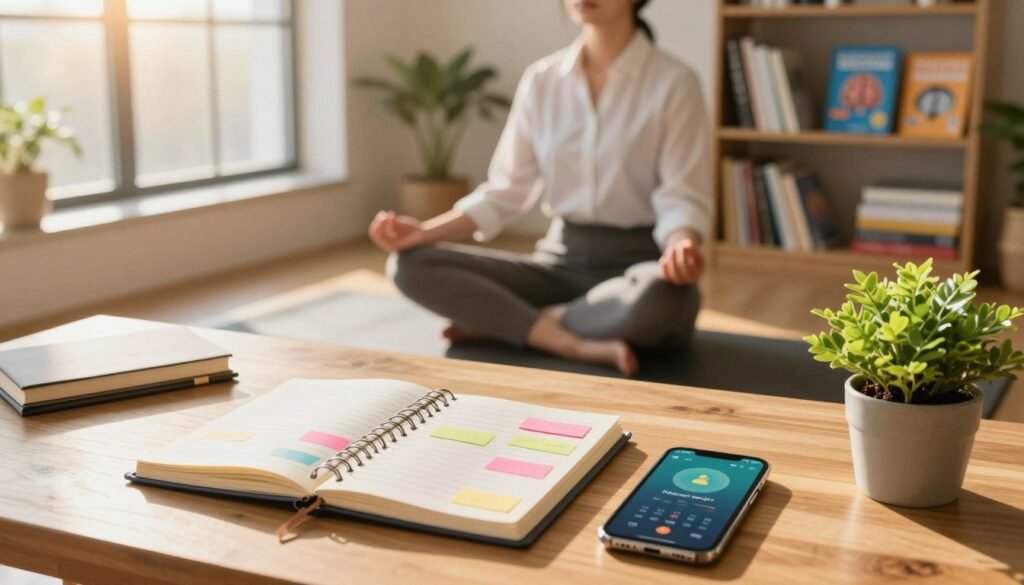 A serene workspace showcasing practical memory enhancement techniques. In the foreground, a wooden desk is adorned with neatly arranged tools: a journal filled with colorful notes, a smartphone displaying a meditation app, and a vibrant plant symbolizing growth. In the middle, a person in professional attire is practicing mindfulness, seated cross-legged on a yoga mat, eyes closed and focused. Sunlight filters through a large window, casting warm, golden light that creates a calm atmosphere. In the background, a bookshelf filled with self-help books and brain training games creates a nurturing environment for cognitive enhancement. The overall mood conveys tranquility, focus, and inspiration, inviting viewers to explore effective daily habits to combat forgetfulness.