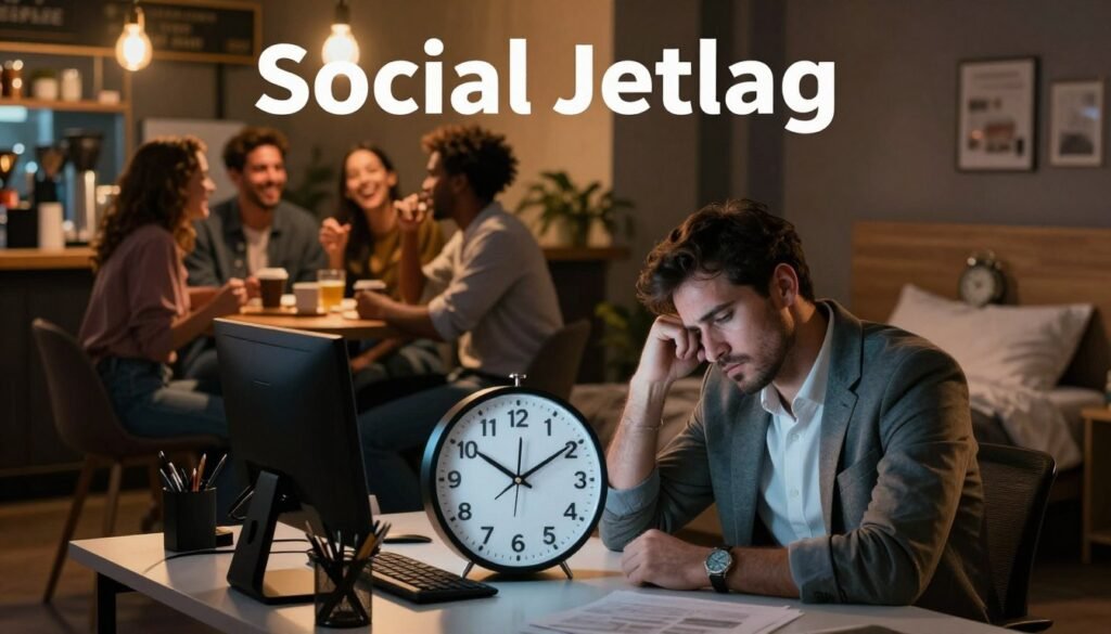 A split image capturing the concept of social jetlag. In the foreground, a tired professional dressed in casual business attire sits at a cluttered desk, looking at a disordered clock displaying different times. The middle layer shows a contrasting scene of vibrant nightlife, with people laughing and socializing in a busy coffee shop, illuminated by warm, inviting lights. In the background, a dimly lit bedroom hints at a cozy, untouched bed with an alarm clock showing an early hour. The lighting contrasts between the warm ambiance of the social setting and the cooler, more serious tones of the workspace, creating a mood of exhaustion and disconnection. The scene emphasizes the struggle between social obligations and personal well-being, illustrating the tension of modern life disrupting natural circadian rhythms.