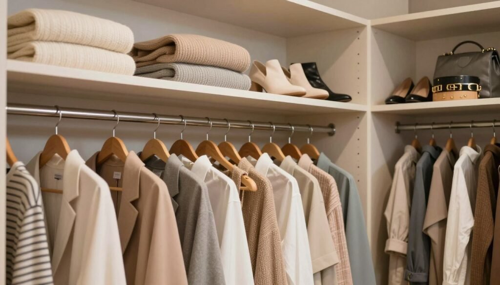 A visually appealing and well-organized closet interior, showcasing a range of clothing options neatly arranged by color and type. The foreground features elegant wooden hangers holding a variety of outfits, including blazers, dresses, and casual wear in soft, muted tones. In the middle, a stylish custom shelving unit displays neatly folded sweaters, shoes, and accessories like belts and bags, all color-coordinated. The background includes soft, diffused lighting highlighting the closet's contents, creating a warm and inviting atmosphere. The angle is slightly elevated, providing a clear view of the organized layout while avoiding any clutter. The overall mood is serene and inspiring, encouraging efficiency and creativity for morning routines.