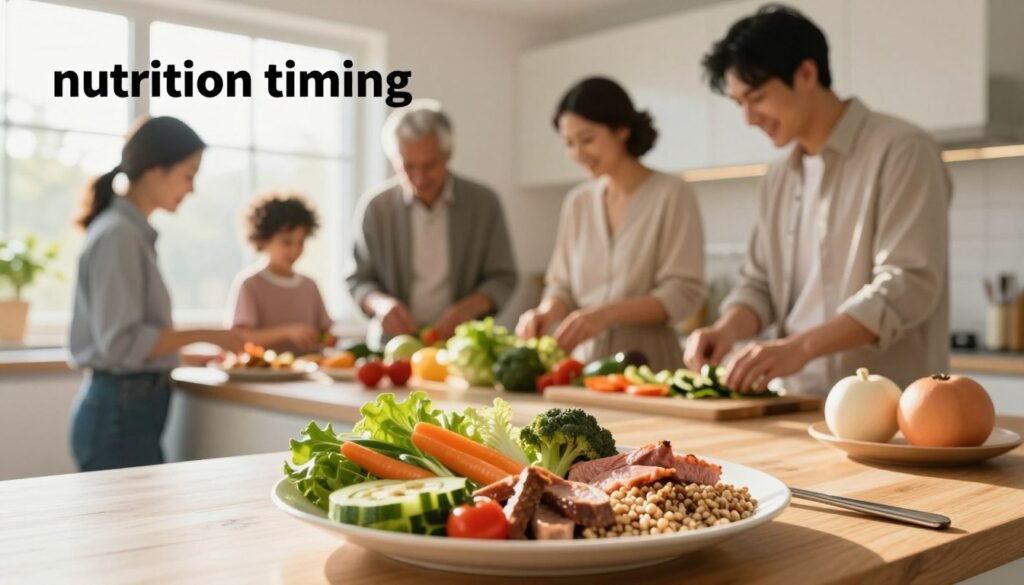 A well-organized kitchen scene showcasing "nutrition timing" connected to circadian health. In the foreground, a beautifully plated meal featuring fresh vegetables, lean proteins, and whole grains, illuminated by warm, natural light. In the middle ground, a family of four, dressed in professional business attire, happily preparing and enjoying their meal together, surrounded by a variety of healthy foods. The background portrays a window with soft morning light streaming in, hinting at the importance of meal timing in alignment with the body's natural rhythms. The mood is inviting and harmonious, reflecting a balanced lifestyle. Use a wide-angle lens to capture the full essence of this nutritious gathering, ensuring a sense of warmth and connection among the subjects.