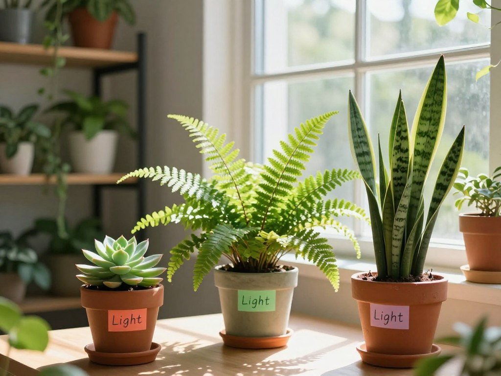 A beautifully arranged indoor setting showcasing various plants with distinct light requirements. In the foreground, a table with three potted plants: a sun-loving succulent, a shade-tolerant fern, and a medium-light snake plant, each labeled with colorful markers highlighting their light needs. In the middle ground, a large window floods the scene with natural sunlight while soft, diffused light illuminates the fern, creating gentle shadows. In the background, shelves filled with greenery create depth, reflecting a lush, vibrant atmosphere. The overall mood is serene and inviting, emphasizing the importance of proper lighting in plant care. The image is captured from an angle that conveys warmth and harmony, with soft focus on the surroundings to draw attention to the plants.