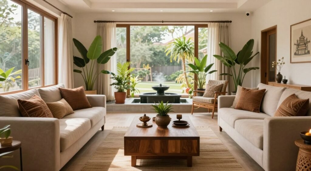 A beautifully arranged indoor space showcasing Vastu Shastra principles. In the foreground, a serene living room with comfortable, harmonious furniture placements depicting Vastu dos—like a symmetrical arrangement of sofas and a coffee table in rich earth tones. The middle ground features a bright, well-illuminated area, emphasizing natural elements such as plants in the corners and a small water fountain, symbolizing positive energy. In the background, large windows allow soft, natural light to flood the room, enhancing the warm and inviting atmosphere. The decor reflects a blend of modern aesthetics infused with traditional Vastu elements, creating a tranquil and balanced environment. The mood is peaceful and harmonious, making it an ideal representation of Vastu solutions for living spaces.