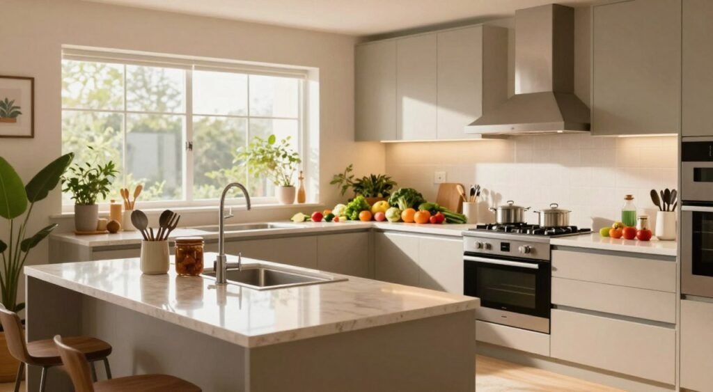 A beautifully designed kitchen showcasing Vastu principles, positioned in the southeast direction, illuminated by soft, warm lighting that creates a welcoming atmosphere. In the foreground, a sleek kitchen island with a polished countertop and neatly organized utensils reflects a sense of order. The middle ground features modern appliances in harmonious colors, with fresh vegetables and herbs artistically arranged to symbolize abundance. The background reveals large windows allowing natural light to flood in, surrounded by green plants that enhance the energy flow. The composition suggests openness and tranquility, suited for a space that encourages positive interactions and family gatherings. Capture this scene at a slightly elevated angle, emphasizing the well-thought-out design and layout, maintaining a clean, minimalistic aesthetic without any text or logos.