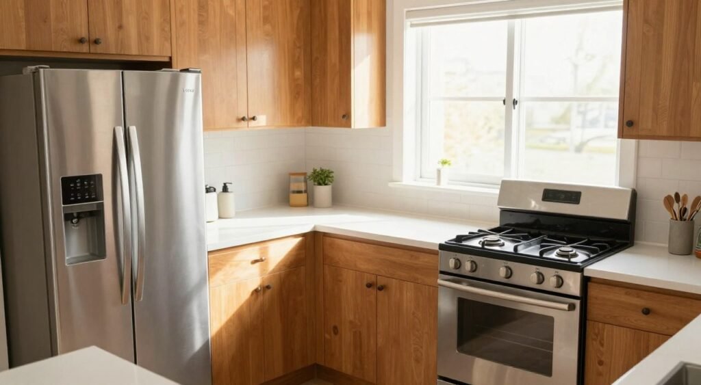 A beautifully organized kitchen exhibiting ideal Vastu appliance placement, focusing on common mistakes to avoid. In the foreground, show neatly arranged appliances like a stainless steel refrigerator and a gas stove, both aligned in accordance with Vastu principles. In the middle, present wooden cabinets and a clean countertop with minimalistic decor to enhance a sense of harmony. The background should include a window with natural light streaming in, illuminating the space and highlighting the airy atmosphere. Use soft, warm lighting to create a welcoming and positive ambiance. Capture the scene from a slightly elevated angle to provide a comprehensive view of the kitchen layout, ensuring the mood is serene, balanced, and conducive to positive energy.