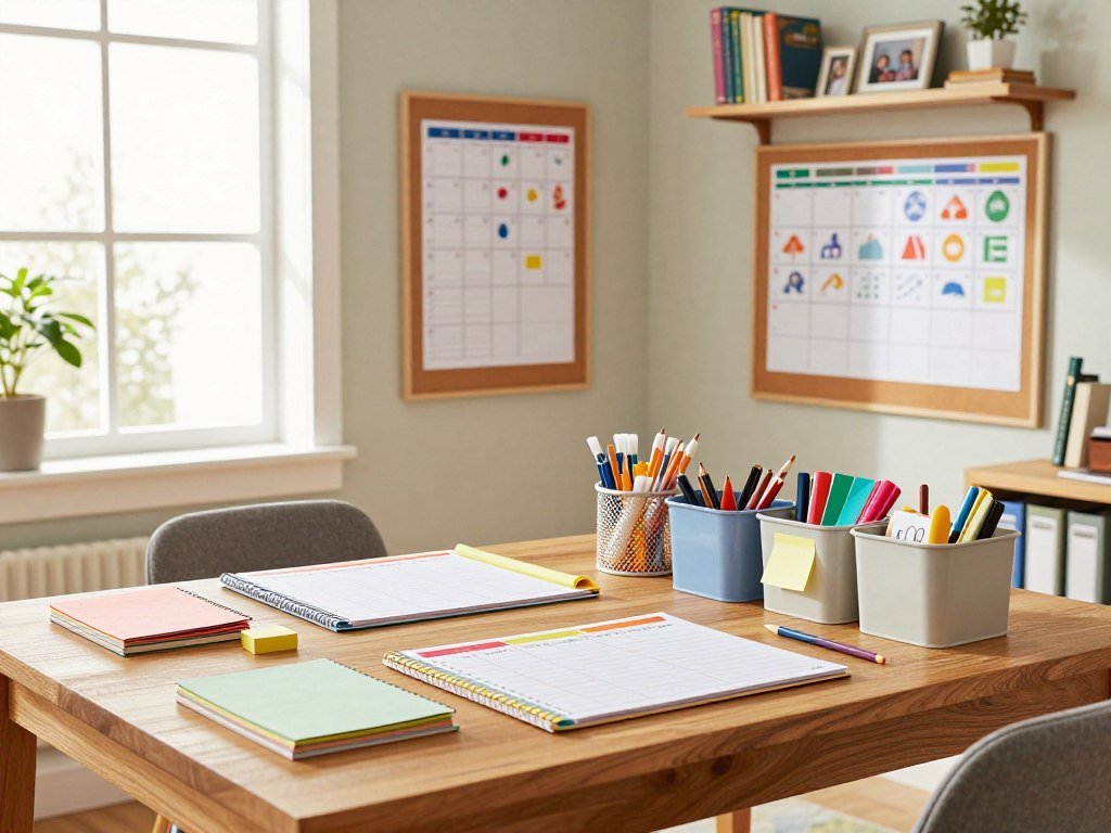 A bright and inviting family workspace, showcasing effective organization tools that support family routines. In the foreground, a wooden table adorned with colorful planners, sticky notes, and labeled storage bins filled with arts and crafts supplies. In the middle ground, a bulletin board displaying a weekly family schedule, complete with color-coded activity symbols. To the background, shelves lined with books, family photographs, and neatly organized binders. Soft, natural light streams in from a large window, creating a warm and motivational atmosphere. The room is designed with earthy tones and cheerful accents, promoting a sense of calm and productivity. Overall, the scene conveys a harmonious blend of structure and creativity, ideal for nurturing family connections.