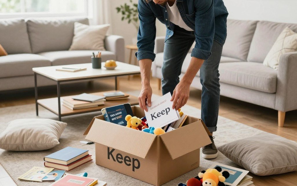 A bright and inviting living room scene demonstrating the Rapid Declutter and Sort Method. In the foreground, a neatly organized open box labeled "Keep," surrounded by scattered items like books, cushions, and toys in disarray, showcasing the sorting process. A person dressed in smart casual attire is energetically decluttering, actively sorting items with a focused expression. The mid-ground features a stylish, comfortable couch and a tidy coffee table with a few essentials neatly arranged. The background reveals a sunlit window, radiating natural light that brightens the space and enhances the organized feel. The atmosphere is dynamic and uplifting, evoking a sense of productivity and refreshment, captured with a slightly elevated camera angle to emphasize the transformation occurring in the room.