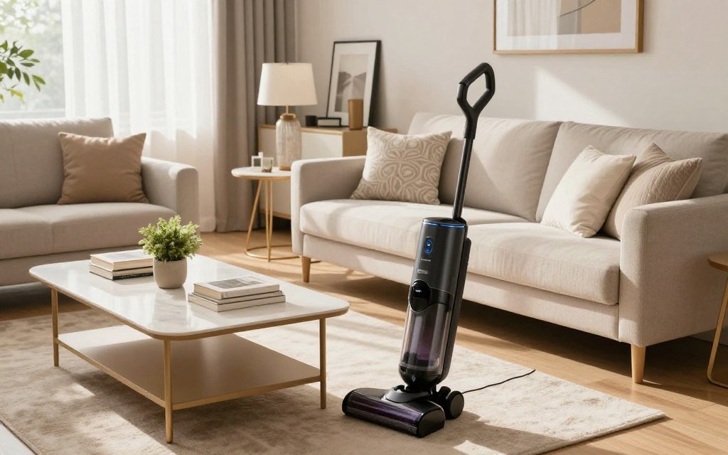 A bright and inviting living room scene showcasing a well-organized space. In the foreground, a sleek vacuum cleaner sits next to a stylish coffee table, which is adorned with neatly arranged books and a small potted plant. The middle ground features an elegant sofa with patterned cushions, positioned near a beautifully tidy side table holding a decorative lamp. Soft sunlight filters through sheer curtains, casting warm light across the room, enhancing the serene ambiance. In the background, a minimalist entertainment unit is neatly arranged, with framed pictures and decor. The overall atmosphere is calm and uplifting, evoking a sense of achievement and comfort after a quick tidy-up. The camera angle offers a slightly elevated view, focusing on the organized space without any clutter, creating an inviting environment.