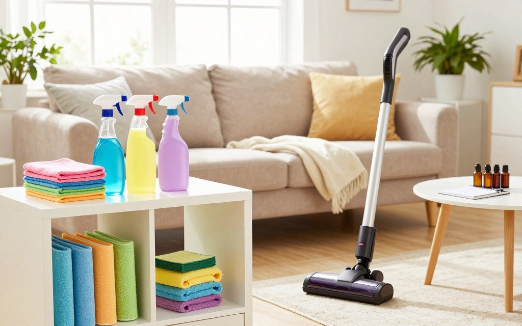 A bright and organized living room setting showcasing essential supplies for fast cleaning. In the foreground, a stylish, open white shelf displays colorful cleaning supplies, including microfiber cloths, a sleek vacuum, and a spray bottle. In the middle ground, a cozy couch is adorned with neatly arranged cushions and a throw blanket. The background features a large window letting in warm, natural light, enhancing the tidy atmosphere. A potted plant adds a touch of greenery, while a small coffee table holds a quaint arrangement of essential oils and a planner, suggesting a peaceful environment. The overall mood is cheerful and efficient, emphasizing a quick and effective cleaning process. Shot from a slightly elevated angle to provide depth and clarity.