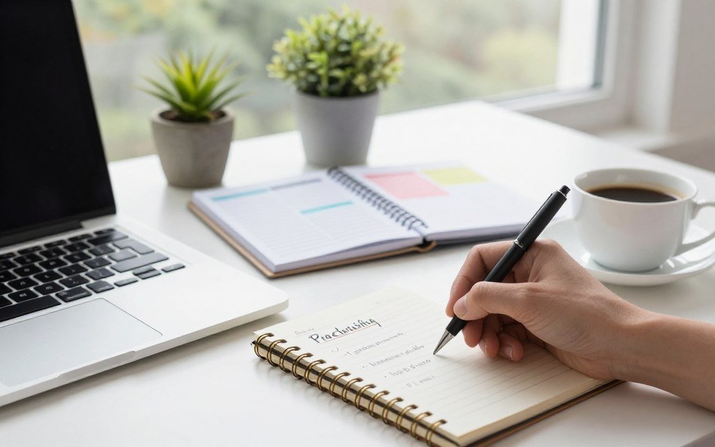 A clean, minimalistic workspace featuring a modern desk with a laptop, notepad, and a cup of coffee. In the foreground, a close-up of a hand writing down productivity tips on the notepad, showcasing an organized and focused approach to work. The middle layer includes a stylish desktop planner with color-coded sections for tracking focus improvement and productivity gains, surrounded by a few potted plants for a touch of greenery. In the background, a softly lit window reveals a serene outdoor view, casting gentle natural light across the scene. The mood is peaceful and inspiring, evoking a sense of clarity and motivation, with a shallow depth of field to emphasize the activity at the desk, using a soft-focus lens effect.