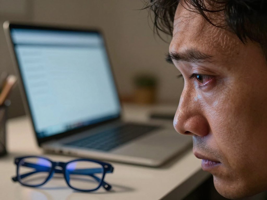 A close-up of a human eye in sharp focus, depicting signs of strain and discomfort. The eye is slightly red, with visible fatigue lines radiating from the iris. In the foreground, there’s a pair of blue-light-blocking glasses resting on a desk, contrasting with the eye’s distress. The middle ground includes a softly illuminated laptop screen casting a cool glow that reflects on the eye, enhancing the sense of digital overload. The background is softly blurred with warm ambient light, hinting at a cozy home office environment. The mood is contemplative and slightly tense, illustrating the impact of prolonged screen time. The lighting is soft but accentuates the eye's details, capturing a moment of reflection on the challenges of modern digital life.