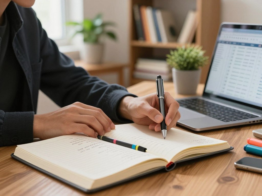 A close-up view of a person sitting at a wooden desk, meticulously tracking expenses in a sleek, modern notebook. The foreground features an open notebook with handwritten notes and colorful highlighters, alongside a laptop displaying a spreadsheet. In the middle, a focused individual, dressed in smart casual attire, holds a pen, looking thoughtfully at the notebook. The background includes a cozy, well-lit room with a potted plant and a shelf filled with financial books. Soft, natural light flows through a nearby window, creating a warm and inviting atmosphere. The scene conveys a sense of organization, diligence, and financial awareness, ideal for beginners learning to manage their expenses effectively.