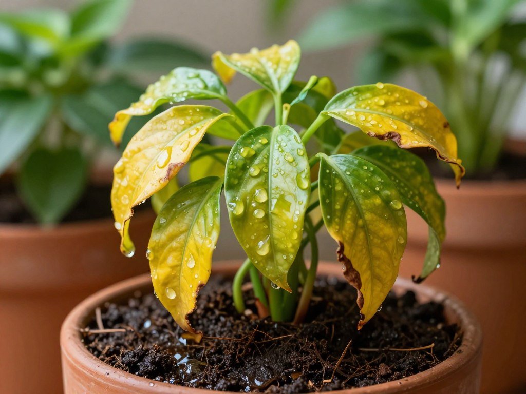 A close-up view of a potted houseplant showing clear signs of overwatering, such as wilting yellow leaves, browning edges, and drooping stems. The foreground features waterlogged soil with distinctive water droplets pooling on the surface. In the middle, the plant's leaves are lush but appear unhealthy, some leaves are partially transparent, indicating excess moisture. The background is softly blurred, highlighting other thriving houseplants to contrast the unhealthy specimen, under warm, natural lighting typical of a cozy indoor environment. The atmosphere exudes a sense of concern for plant care, emphasizing the importance of proper watering habits. The image is captured with a shallow depth of field, creating an intimate and informative feel without any text or branding.