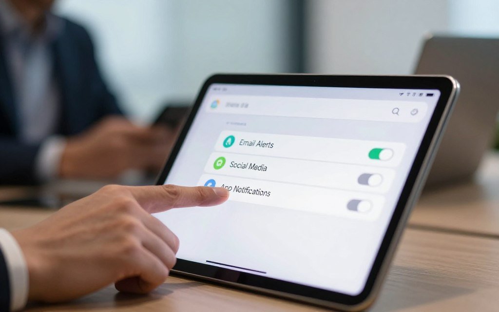 A close-up view of a sleek, modern digital device screen displaying a user-friendly notification settings interface. In the foreground, the attention is focused on clearly labeled toggle switches for various notifications, such as "Email Alerts," "Social Media," and "App Notifications," highlighted with bright icons. The middle ground includes a hand (dressed in professional attire) poised over the screen, poised to make adjustments, showcasing user interaction. Soft, diffused lighting creates a calm atmosphere, while a blurred office background hints at a professional workspace. The overall mood is one of focus and tranquility, inviting viewers into the process of managing distractions effectively, with an emphasis on simplicity and ease of use in the design.