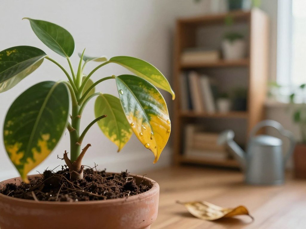 A close-up view of a struggling houseplant, its leaves drooping and showing signs of yellowing, surrounded by a comfortable indoor setting. In the foreground, the plant pot has a layer of dry soil, and a few fallen leaves rest beside it, indicating neglect. In the middle ground, a gently diffused soft light filters through a nearby window, creating a warm yet somber atmosphere. Background elements include a well-maintained bookshelf and a small watering can, hinting at care and attention. The overall mood conveys a sense of urgency and need for diagnosis, emphasizing the importance of recognizing growth problems in plants. The scene captures the challenge of plant care in a relatable and engaging way.