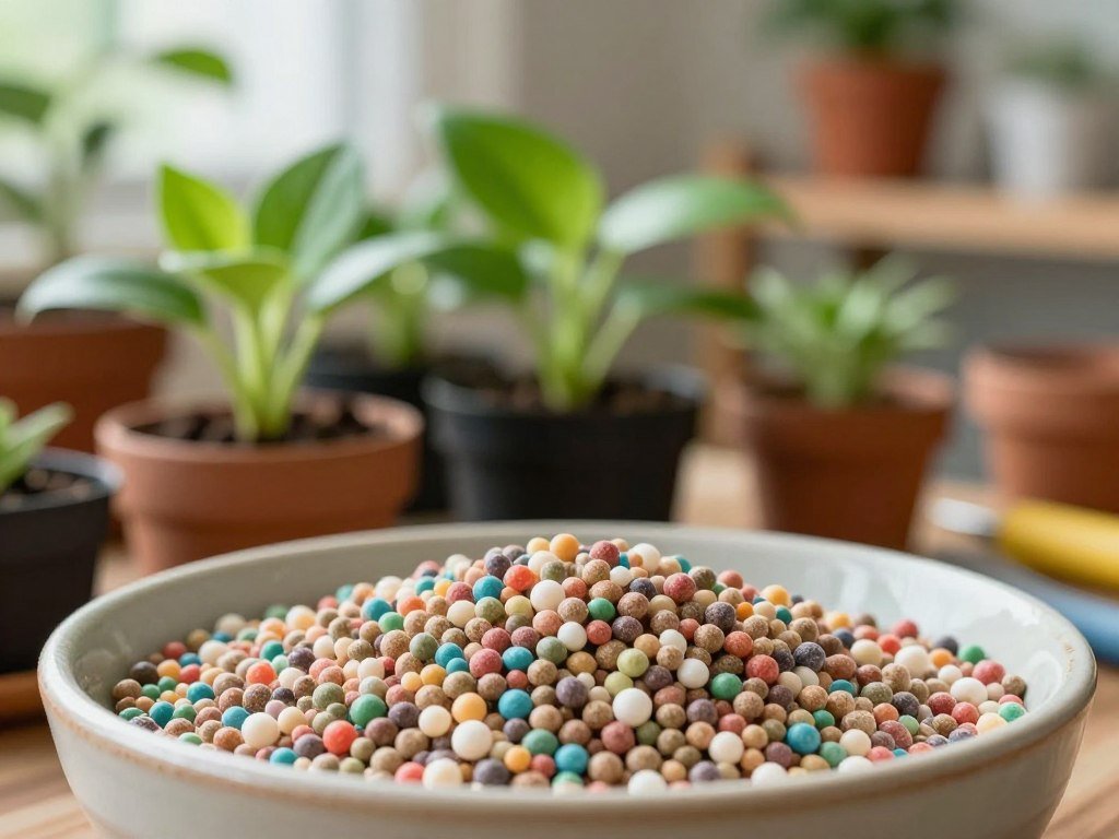 A close-up view of slow-release fertilizers for plants, arranged attractively in a ceramic bowl. The foreground features vibrant, multicolored granules of the fertilizers, glistening slightly under soft, natural light. In the middle ground, several potted plants with lush green leaves thrive, suggesting healthy growth supported by the fertilizers. The background is softly blurred, showcasing a well-organized indoor gardening space with various plant pots and gardening tools subtly displayed. The atmosphere is calm and nurturing, conveying a practical yet serene vibe. The scene captures the essence of efficient plant care, emphasizing the importance of streamlined maintenance and feeding. The overall composition is warm, inviting, and visually engaging, perfect for highlighting plant care solutions. A close-up view of slow-release fertilizers for plants, arranged attractively in a ceramic bowl. The foreground features vibrant, multicolored granules of the fertilizers, glistening slightly under soft, natural light. In the middle ground, several potted plants with lush green leaves thrive, suggesting healthy growth supported by the fertilizers. The background is softly blurred, showcasing a well-organized indoor gardening space with various plant pots and gardening tools subtly displayed. The atmosphere is calm and nurturing, conveying a practical yet serene vibe. The scene captures the essence of efficient plant care, emphasizing the importance of streamlined maintenance and feeding. The overall composition is warm, inviting, and visually engaging, perfect for highlighting plant care solutions.