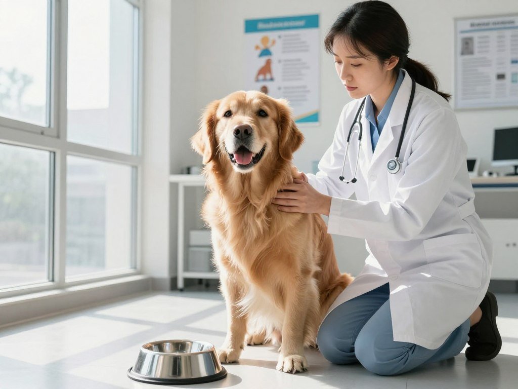 A concerned veterinarian gently examines an animated golden retriever to assess its hydration levels. The setting is a bright, well-lit veterinary clinic with large windows allowing sunlight to stream in, casting soft shadows. In the foreground, the veterinarian, clad in a clean white lab coat, kneels beside the dog, looking attentively at its mouth and skin for signs of dehydration. The golden retriever, with its lively eyes and slightly panting expression, is surrounded by a water bowl, reflecting the importance of hydration. In the middle ground, a poster on the wall highlights hydration tips for pets. The mood is caring and informative, emphasizing the responsibility of pet owners in monitoring their dog's water intake. A concerned veterinarian gently examines an animated golden retriever to assess its hydration levels. The setting is a bright, well-lit veterinary clinic with large windows allowing sunlight to stream in, casting soft shadows. In the foreground, the veterinarian, clad in a clean white lab coat, kneels beside the dog, looking attentively at its mouth and skin for signs of dehydration. The golden retriever, with its lively eyes and slightly panting expression, is surrounded by a water bowl, reflecting the importance of hydration. In the middle ground, a poster on the wall highlights hydration tips for pets. The mood is caring and informative, emphasizing the responsibility of pet owners in monitoring their dog's water intake.